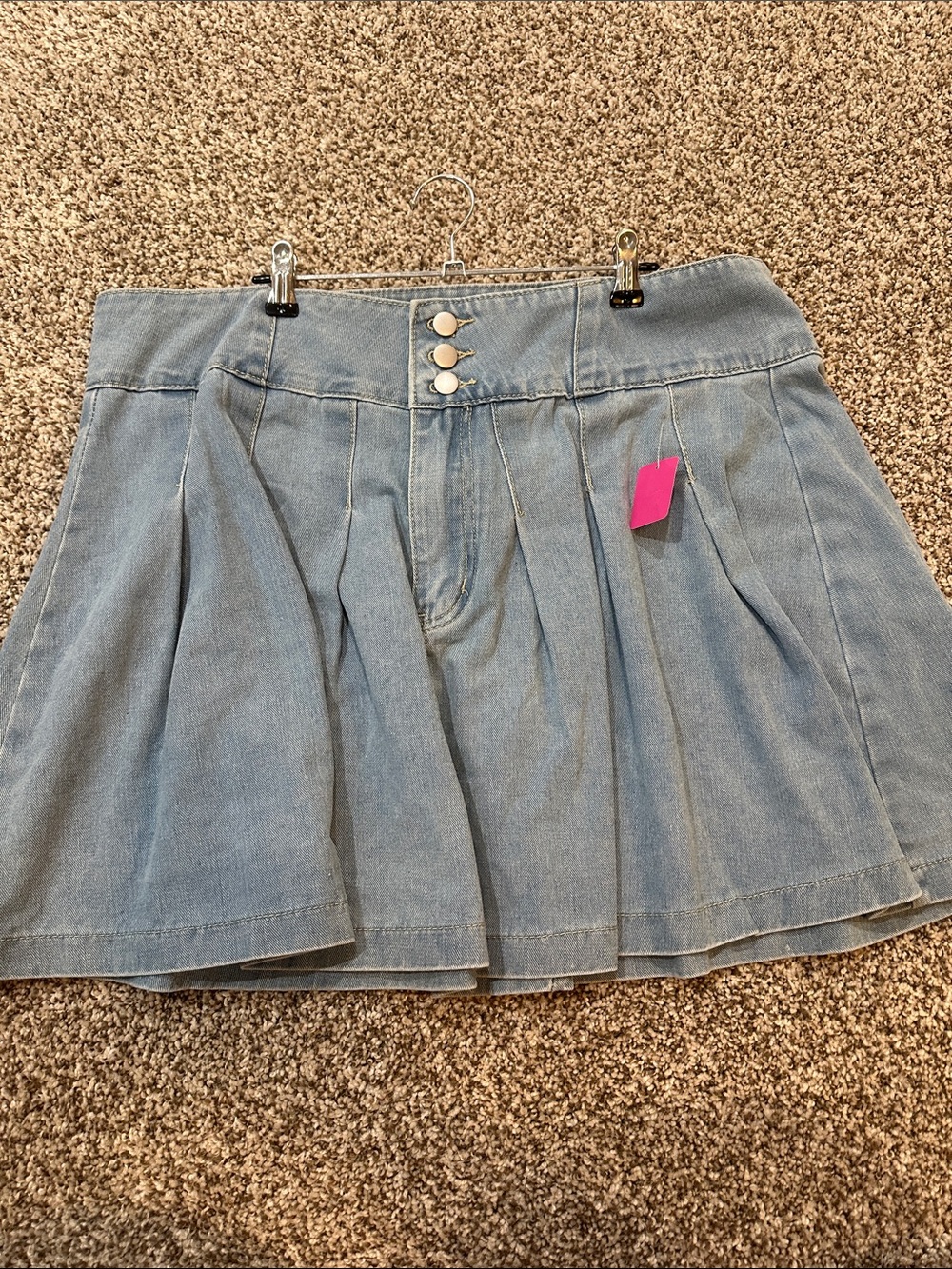 Pleated Light Wash Denim Mini Skirt - Blue